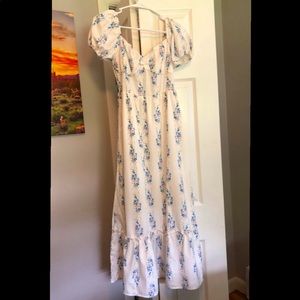 blue and pink floral white dress